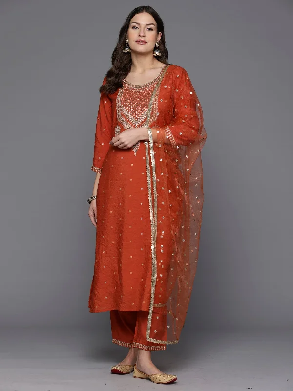 Women's Orange Embroidered Straight Kurta Trousers With Dupatta Set - Indo Era Trousers Top Rated Women's Orange Embroidered Straight Kurta Trousers With Dupatta Set - Indo Era Trousers Top Rated