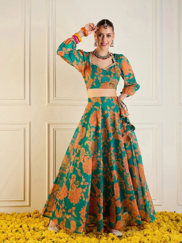 Women Green & Mustard Floral Anarkali Skirt With Crop Top Ribbed Crop Top High Neck Heavyweight