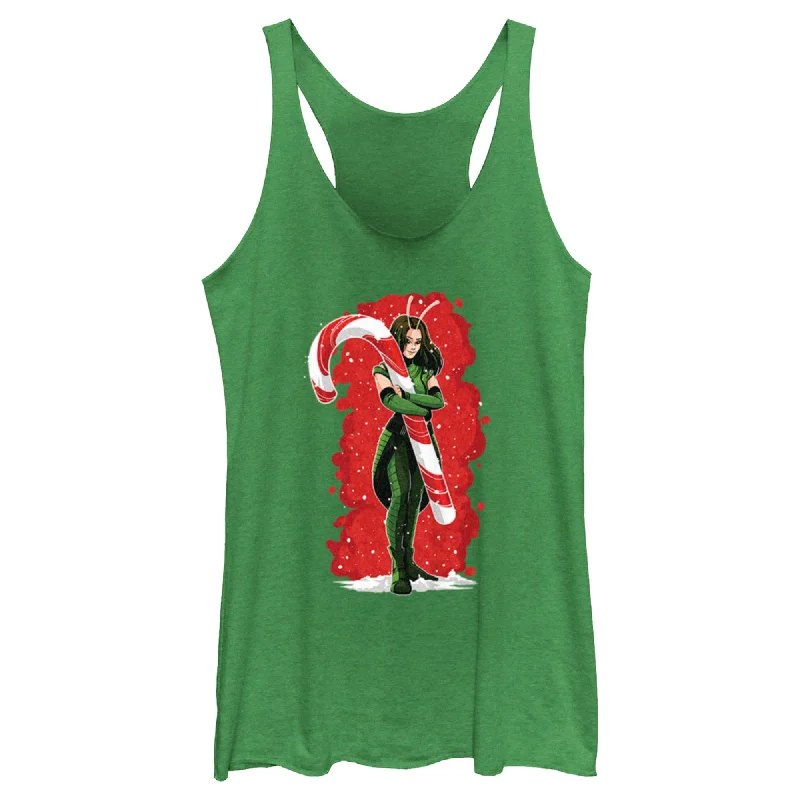 Women's Guardians of the Galaxy Holiday Special Mantis Candy Cane Hug Racerback Tank Top halter tank top