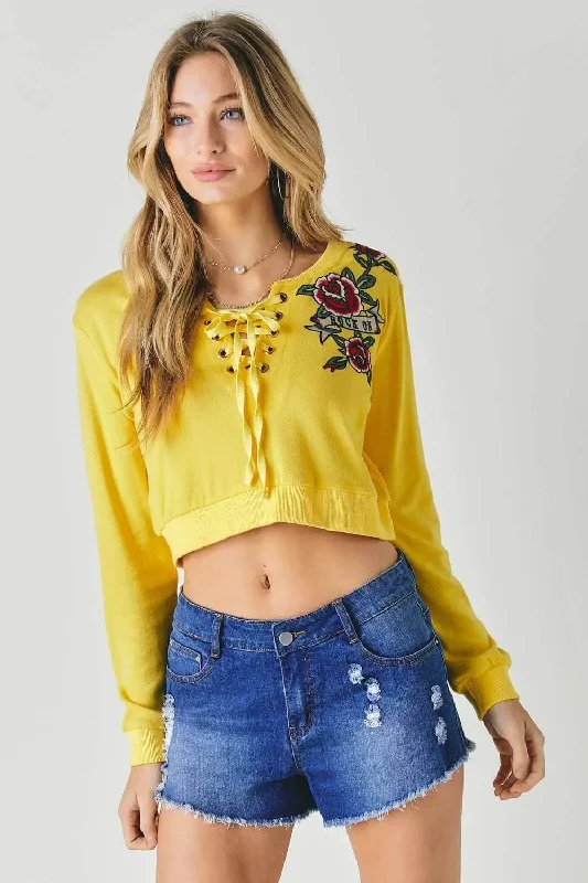 Floral Embroidered Cropped Sweatshirt Hoodie with Full-Zip Functional Layering