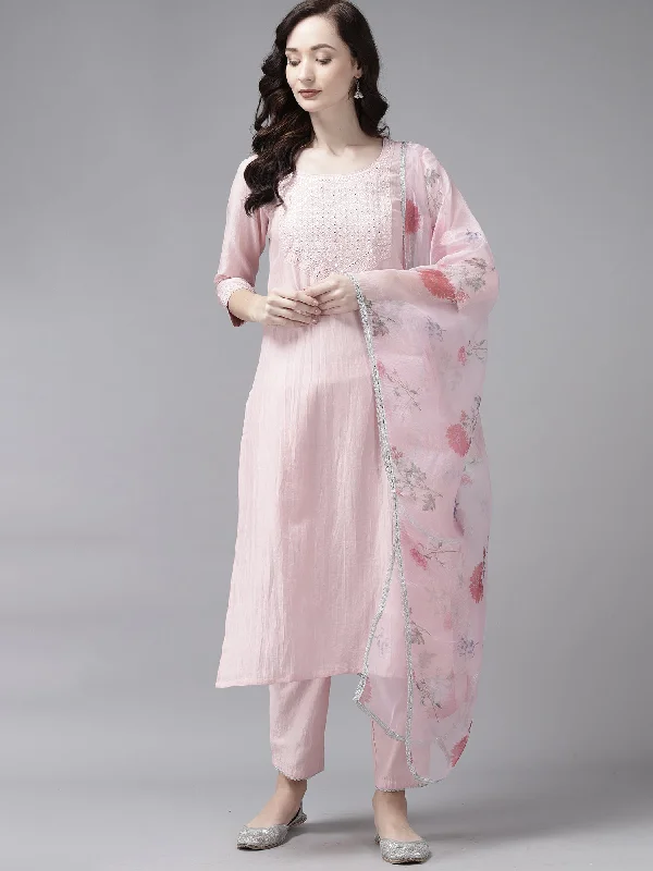 Women's Embroidered Pink Straight Kurta Trouser With Dupatta Set - Indo Era Trousers Designer Luxury Women's Embroidered Pink Straight Kurta Trouser With Dupatta Set - Indo Era Trousers Designer Luxury