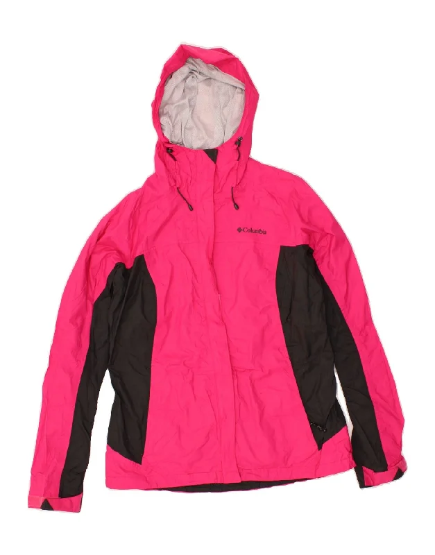 COLUMBIA Womens Hooded Rain Jacket UK 14 Medium Pink Colourblock Nylon V-Neck Jacket Boat Neck Jacket Square Neck Jacket
