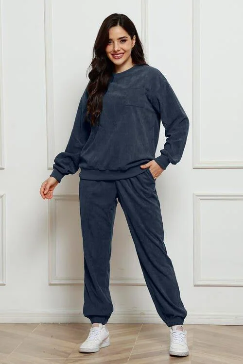 Round Neck Sweatshirt and Sweatpants Set Hoodie with Rhinestones Sparkly Elegant