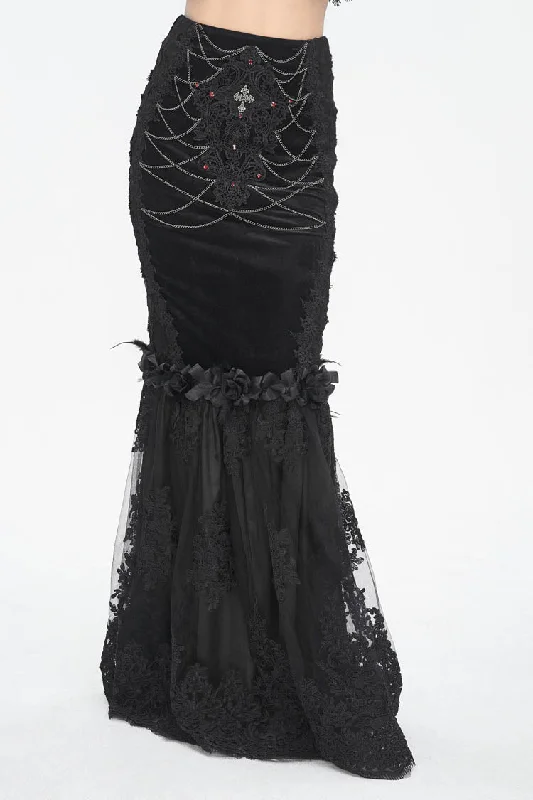 Black High Waisted Embroidery Stitching Lace Women's Gothic Skirt satin skirt smooth Black High Waisted Embroidery Stitching Lace Women's Gothic Skirt satin skirt smooth