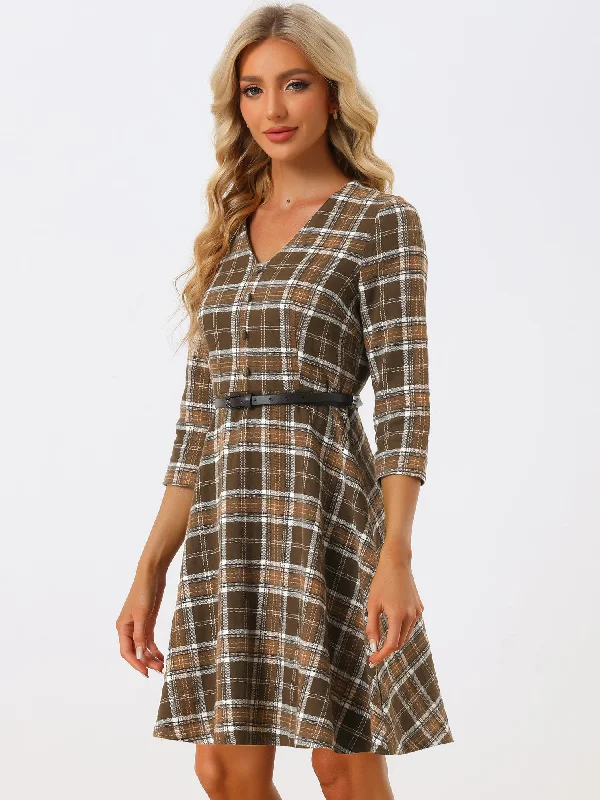 Retro Plaid V Neck 3/4 Sleeve Button Decor Belted A-Line Dress Tunics Sophisticated sleek