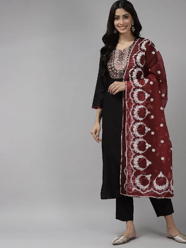 Women's Black Embroidered Straight Kurta Trouser With Dupatta Set - Indo Era Trousers Trousers Formal Women's Black Embroidered Straight Kurta Trouser With Dupatta Set - Indo Era Trousers Trousers Formal