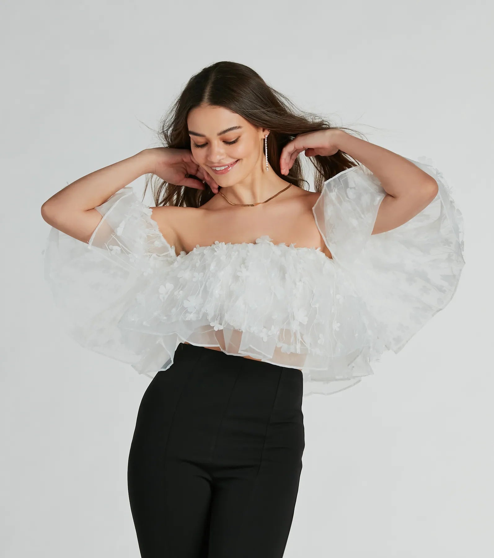 Rise And Bloom Off-The-Shoulder Floral Crop Top Satin Blend Silk Blend Wool Blend