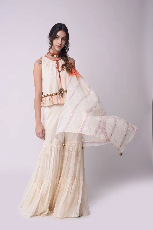 Flared Crop Top Sharara Set Print Jacquard Patchwork