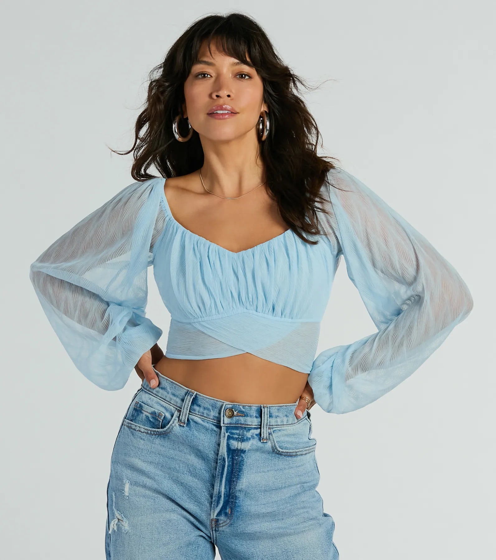 All This Grace Tie-Back Mesh Crop Top Notch Collar Peter Pan Collar Cowl Neck