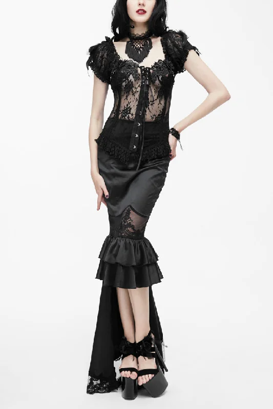 Black Back Decals Transparent Mesh Hem Satin Trailing Women's Gothic Skirt patchwork skirt art Black Back Decals Transparent Mesh Hem Satin Trailing Women's Gothic Skirt patchwork skirt art