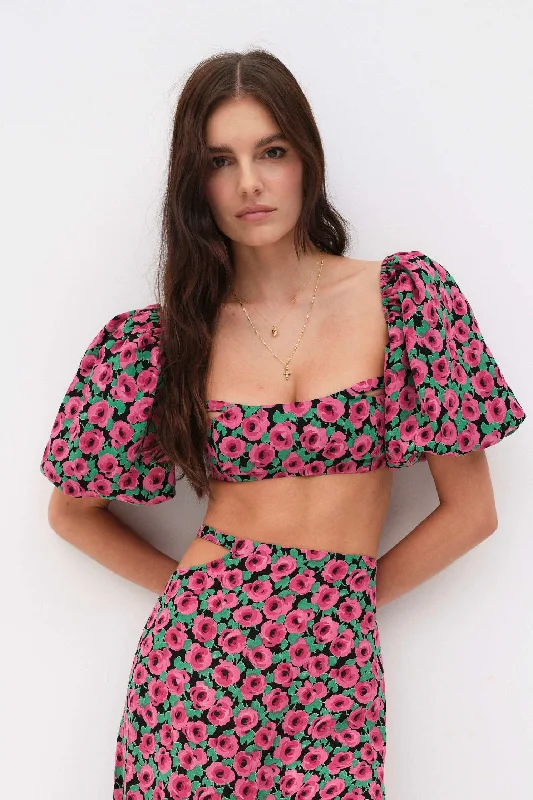 For Love & Lemons Dolcetto Crop Top - Red Collared Crew Neck Turtle Neck