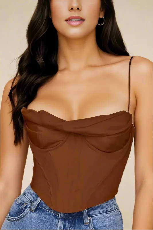 Indi Satin Crop Top - Tan Brown Zippered Buttoned Snapped