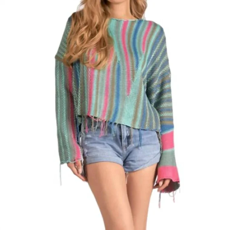 Distressed Hem Sweater In Multi Color Herringbone Houndstooth Plaid