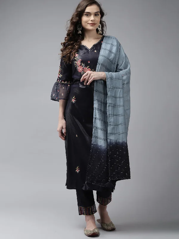 Women's Grey Embroidered Straight Kurta Trouser With Dupatta Set - Indo Era Trousers Corduroy Warm Women's Grey Embroidered Straight Kurta Trouser With Dupatta Set - Indo Era Trousers Corduroy Warm