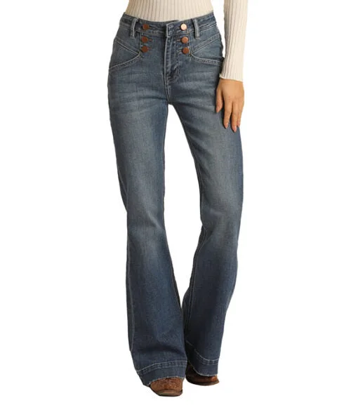 Rock and Roll Cowgirl Ladies High Rise Medium Wash Button Detail Trouser Jean W8H1665 Trousers Travel Practical Rock and Roll Cowgirl Ladies High Rise Medium Wash Button Detail Trouser Jean W8H1665 Trousers Travel Practical