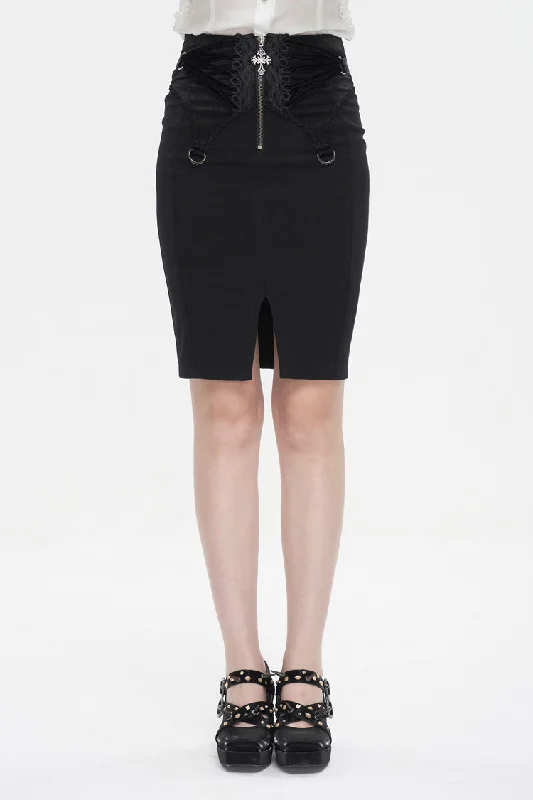Black Lace Up Floral Embroidered Women's Gothic Split Skirt vintage skirt charm