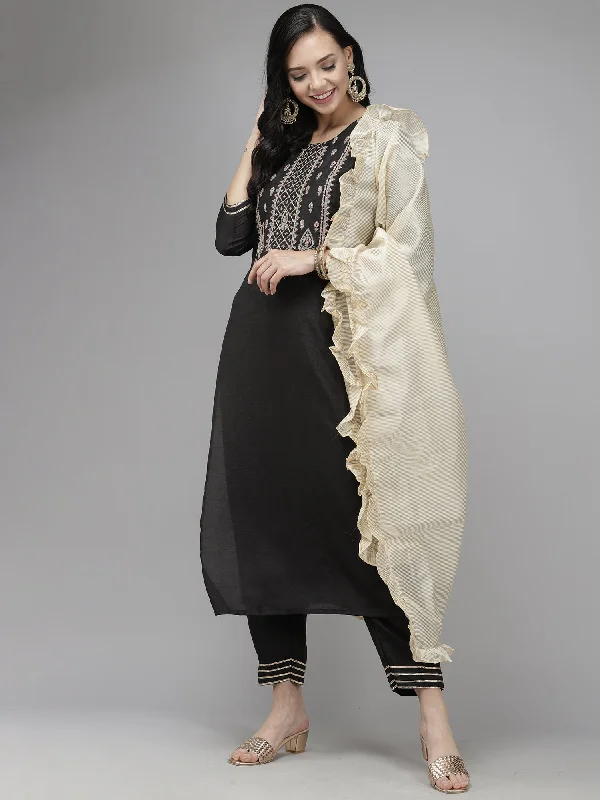 Women's Black Embroidred Kurta Trouser With Dupatta Set - Indo Era Trousers Yoga Stretchy Women's Black Embroidred Kurta Trouser With Dupatta Set - Indo Era Trousers Yoga Stretchy