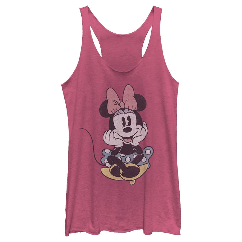 Women's Mickey & Friends Distressed Minnie Mouse Sitting Racerback Tank Top black tank top