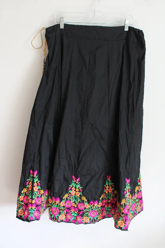 Colorful Floral Black Cotton Skirt | L/XL wool skirt warm