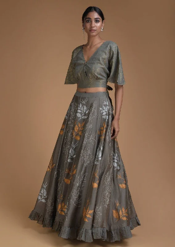 Lehenga In Grey with Crop Top in Foil Printed Leaf Motifs Mesh Blend Leather Blend Suede Blend