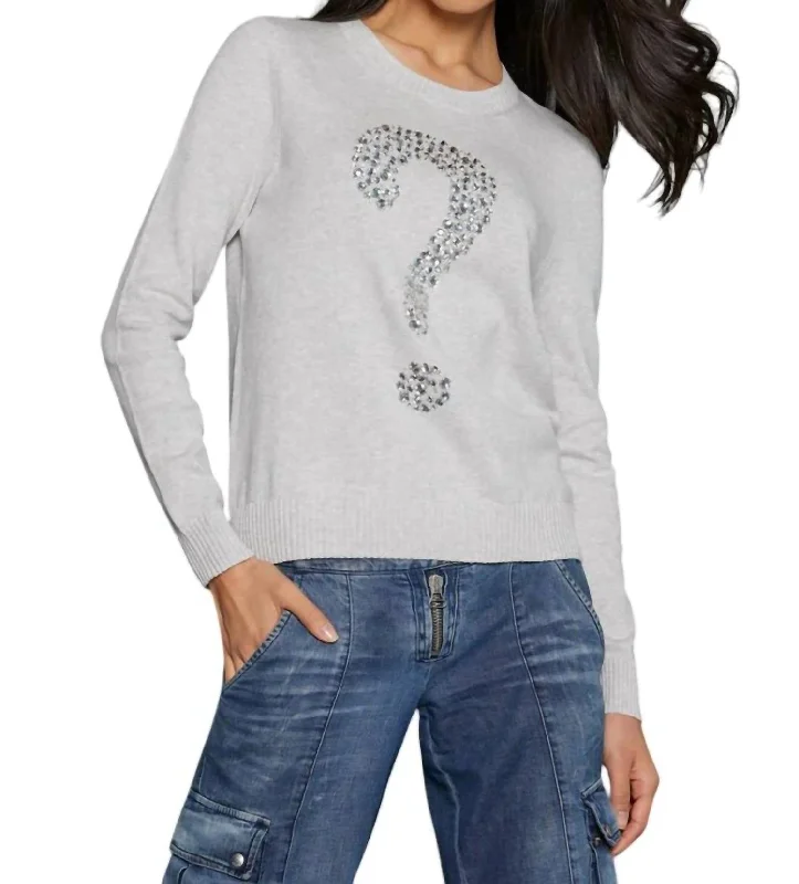 Keep 'em Guessing Sweater In Platinum Graphic Sweater Embroidered Appliqued