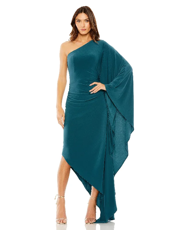 One Shoulder Cape Sleeve Ruched Detail Jersey Gown Fashion Jersey Blouse