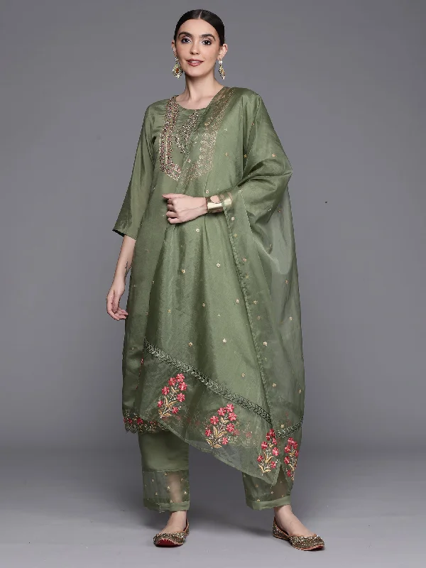 Women's Green Embroidered Ethnic Straight Kurta Trousers With Dupatta Set - Indo Era Trousers Essential Wardrobe Women's Green Embroidered Ethnic Straight Kurta Trousers With Dupatta Set - Indo Era Trousers Essential Wardrobe