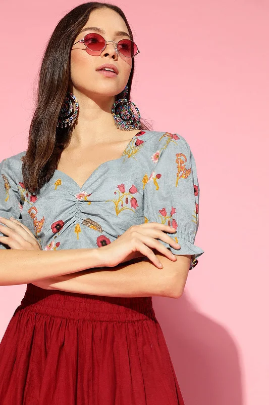 Blue Pure Cotton Floral Print Crop Top Thin Crop Top Open Front Quick Dry