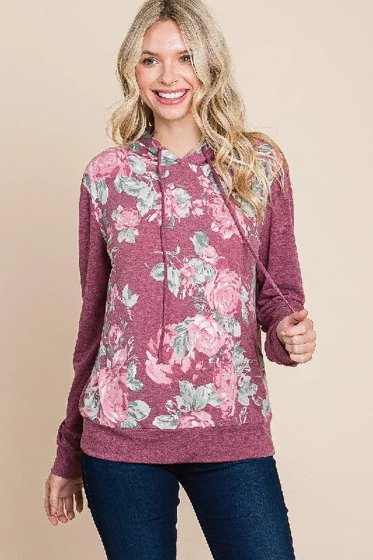 Floral Printed Contrast Hoodie With Relaxed Fit And Cuff Detail Hoodie with Elastic Cuffs Stretchable Comfortable