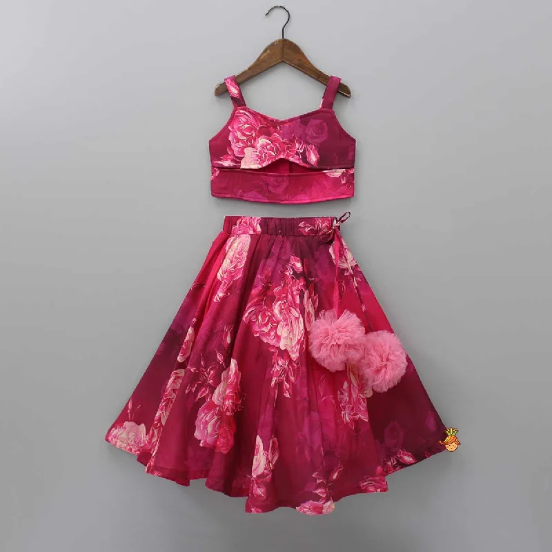 Pre Order: Vibrant Floral Printed Pink Stylish Crop Top And Lehenga Hooded Caped Shawl Collar