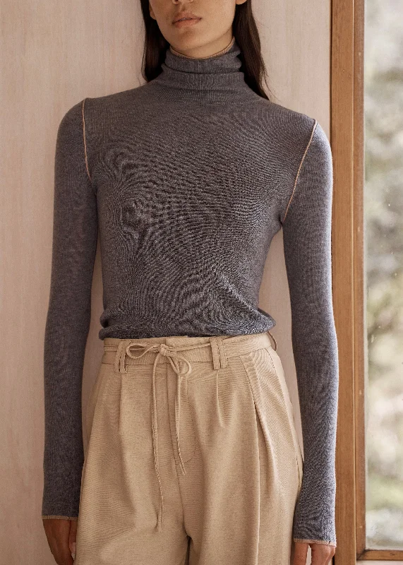 Trim Roll Neck Sweater Herringbone Houndstooth Plaid