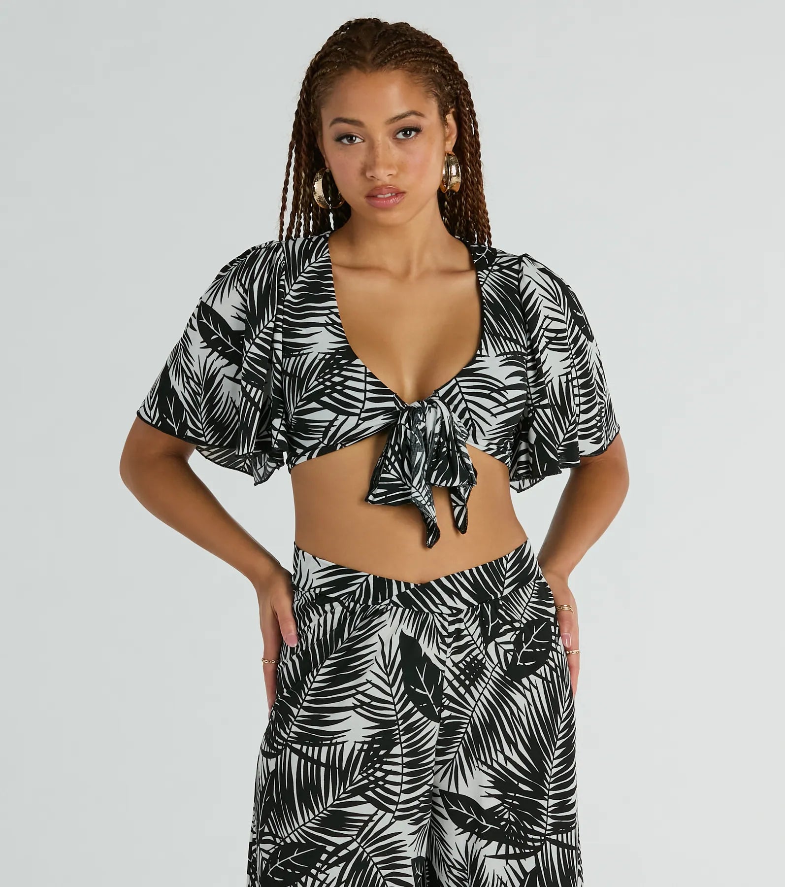 Time For Vacay Tie Front Tropical Crop Top Beaded Sequined Faux Fur