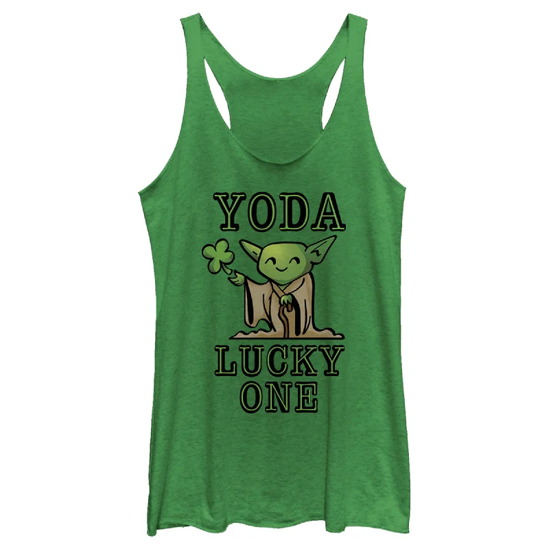 Women's Star Wars St. Patrick's Day Cartoon Yoda Lucky One Racerback Tank Top off shoulder tank