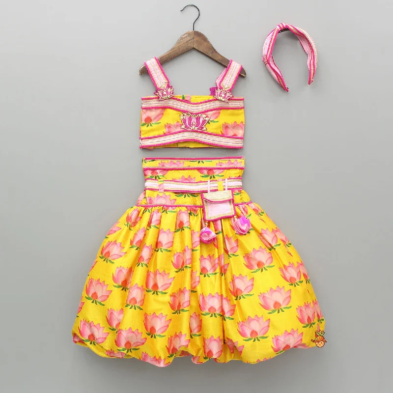 Pre Order: Floral Printed Strappy Crop Top With Lehenga And Matching Hairband Machine Wash Dry Clean Hand Wash