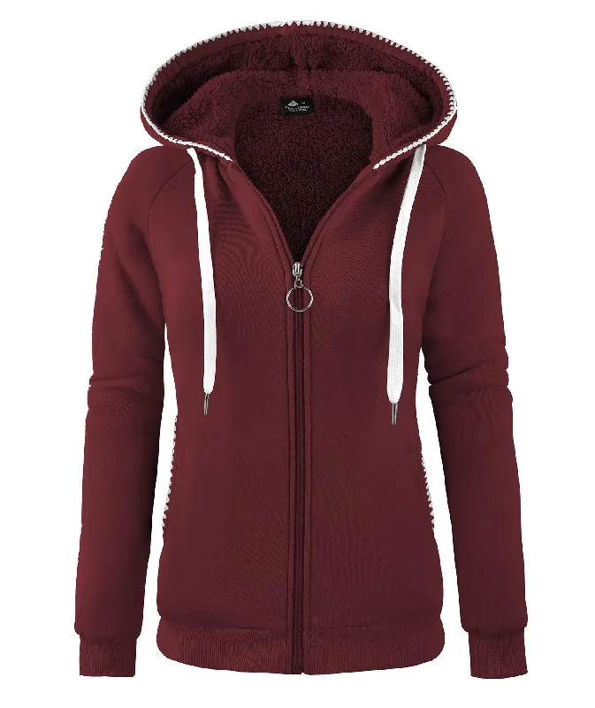 Women's Full Zipper Fleece Liner Sports Hoodie-ZPK005434 Hoodie with Hem Frayed Vintage Worn
