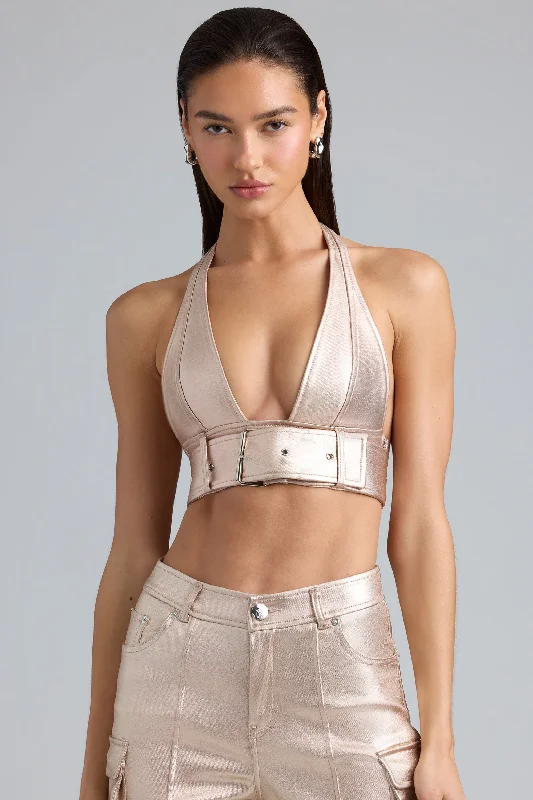 Metallic Denim Belted Crop Top in Champagne Houndstooth Herringbone Solid
