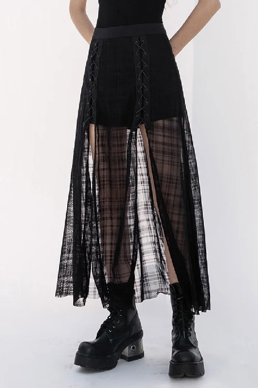 Black Front Metal Eyelets Lace-Up Slit Mesh Hem Women's Punk Skirt denim skirt trendy Black Front Metal Eyelets Lace-Up Slit Mesh Hem Women's Punk Skirt denim skirt trendy