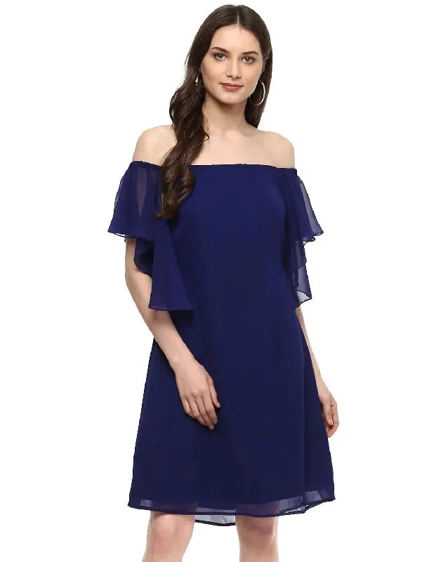 Off shoulder frill sleeve Dress in Midnight Blue Tunics Sophisticated sleek