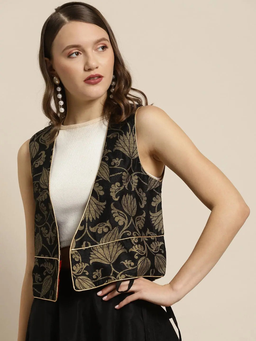 Women Printed Black Sleeveless Jacket Appliqued Jacket Beaded Jacket Sequined Jacket Women Printed Black Sleeveless Jacket Appliqued Jacket Beaded Jacket Sequined Jacket