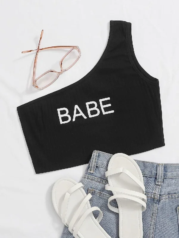 Letter Graphic One Shoulder Crop Top Striped Floral Plaid