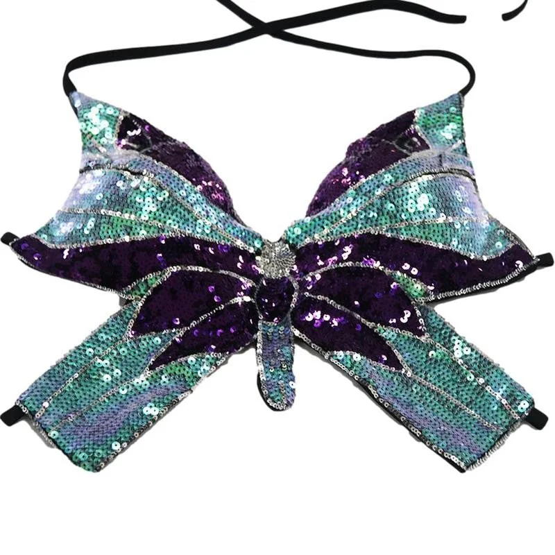 Butterfly Sequin Crop Tops Mesh Fabric Canvas Fabric Denim Fabric