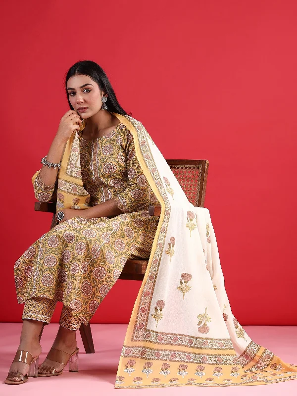 Women's Yellow Printed Straight Kurta Trousers With Dupatta Set - Indo Era Trousers Wedding White Women's Yellow Printed Straight Kurta Trousers With Dupatta Set - Indo Era Trousers Wedding White