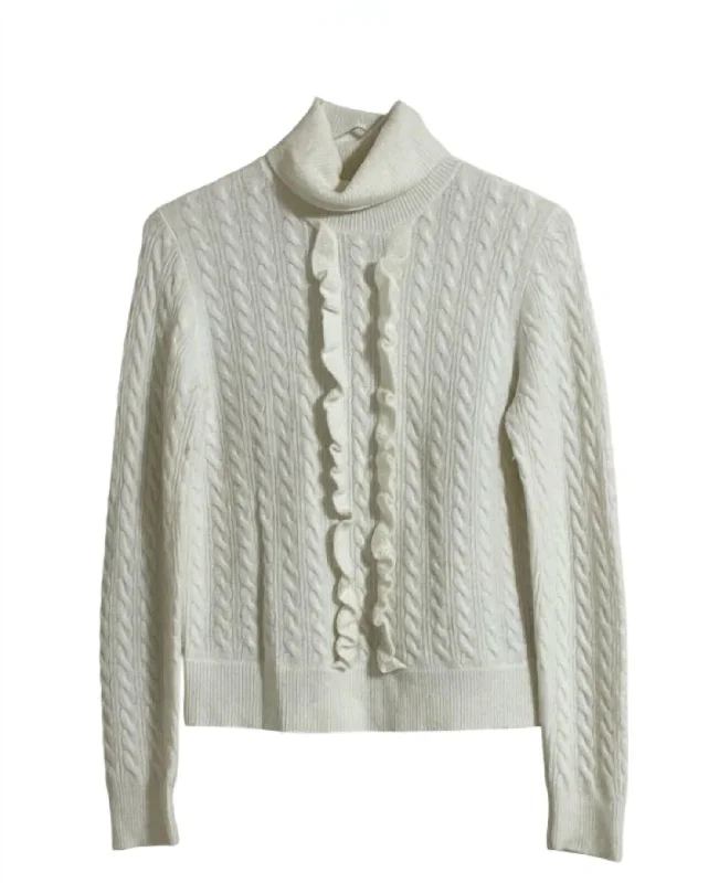Women's Supersoft Ruffle Front Turtleneck Wool Blend Sweater In Ivory Houndstooth Herringbone Solid Women's Supersoft Ruffle Front Turtleneck Wool Blend Sweater In Ivory Houndstooth Herringbone Solid