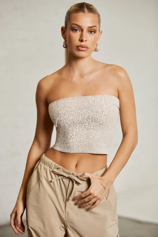 Overlap Bandeau Crop Top in Beige Elasticated Padded Insulated