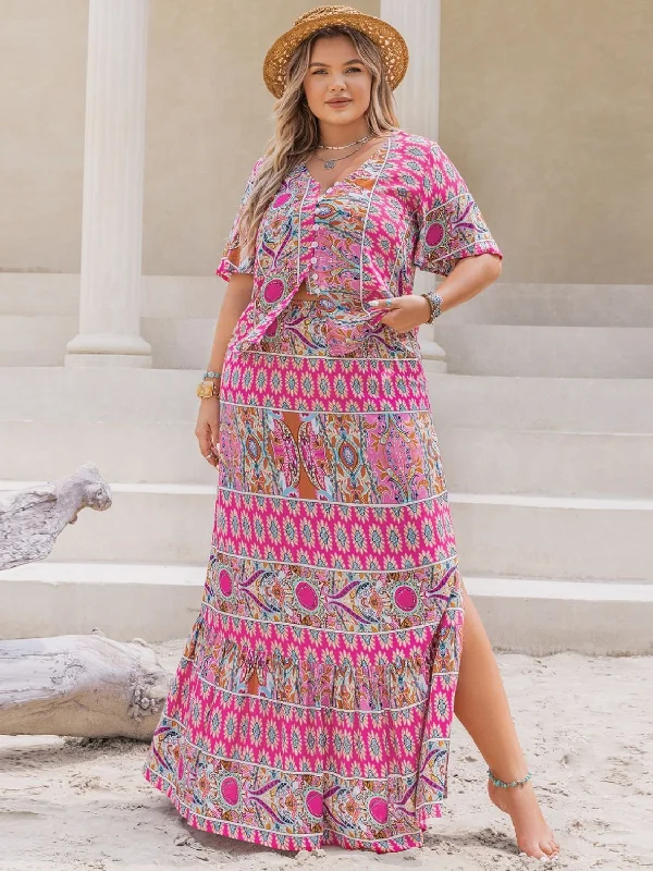 Hazel Blues® | Printed V-Neck Half Sleeve Top and Skirt Set velvet skirt luxurious