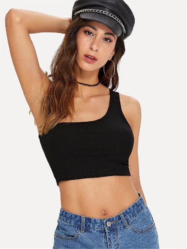 One Shoulder Solid Crop Top Chenille Blend Fleece Blend Nylon Blend