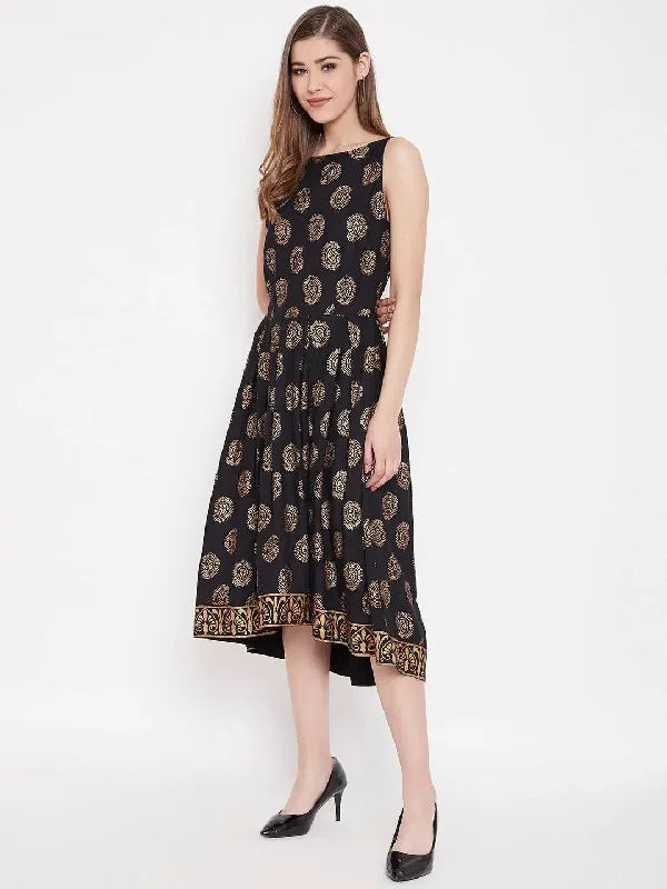 Deep back box pleated Midi Printed Dress in Black Halter Neckline Beach
