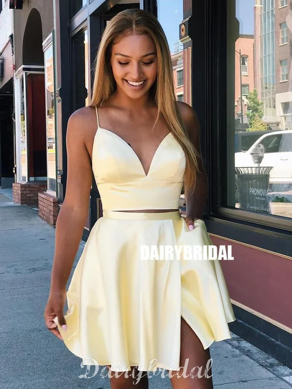 Yellow Two Pieces A-line Spaghetti Straps Backless Homecoming Dress, FC4012 Crew Neckline Casual