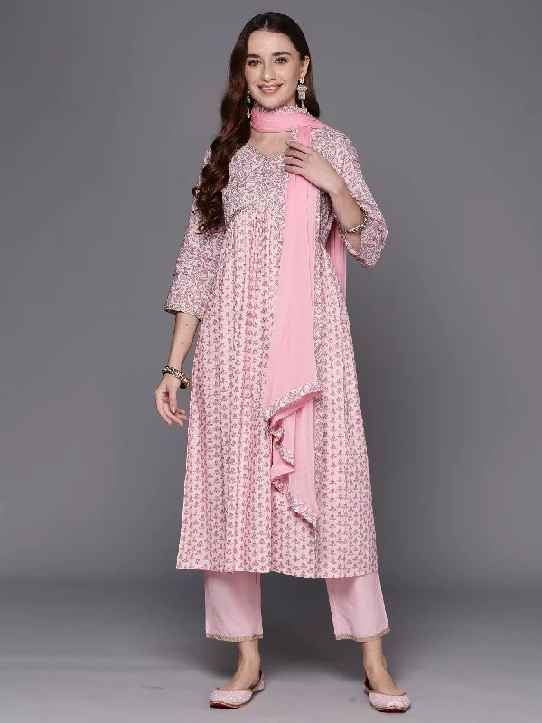 Women's Pink Printed A-Line Kurta Trousers With Dupatta Set - Indo Era Trousers Ceremony Elegant