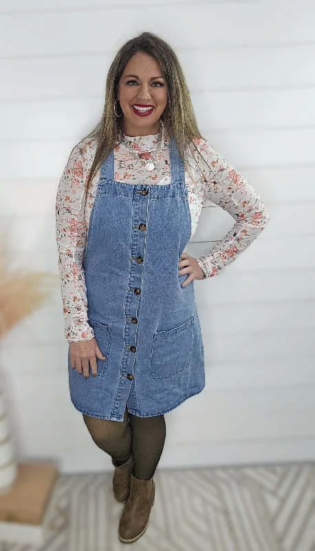 DENIM WIDE STRAP BUTTON FRONT DRESS Tunics Cozy comfortable